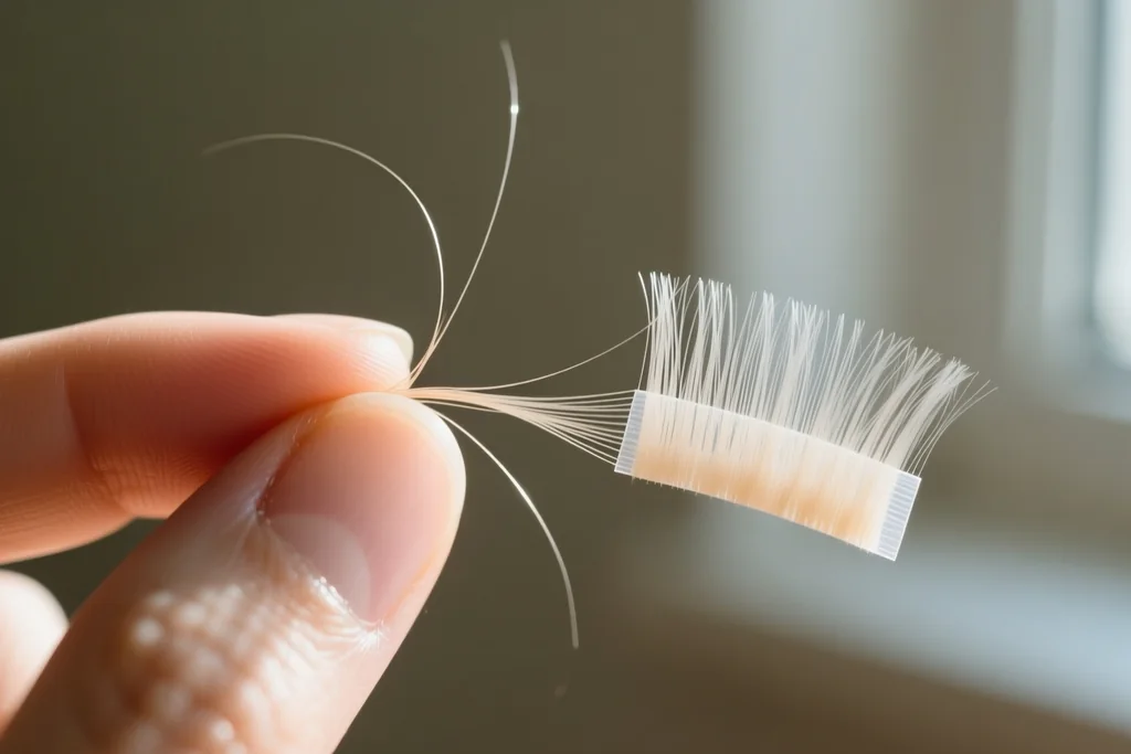 close-up of fine thin hair being held between fingers next to a lightweight tape-in weft