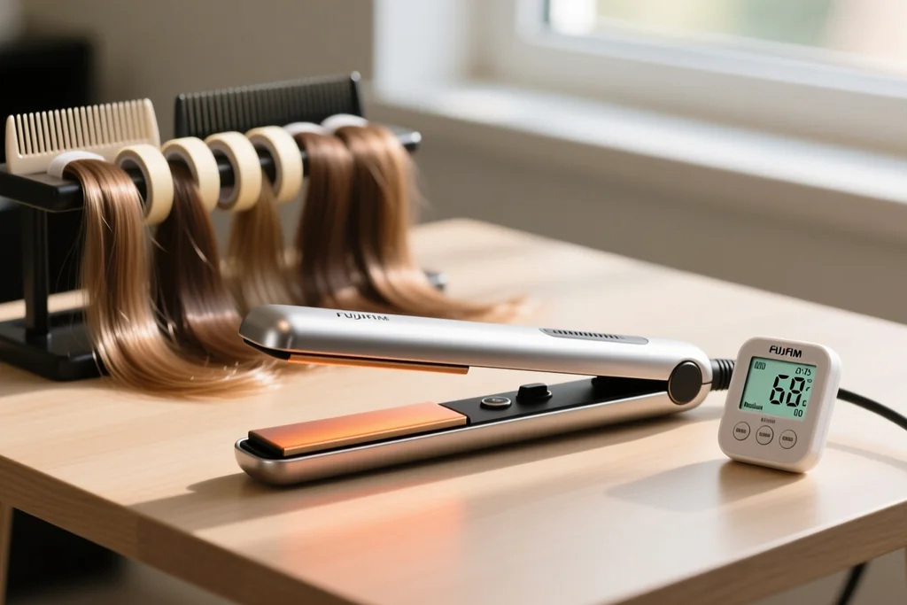 flat iron set to medium temperature with a digital thermometer beside it with tape-in wefts