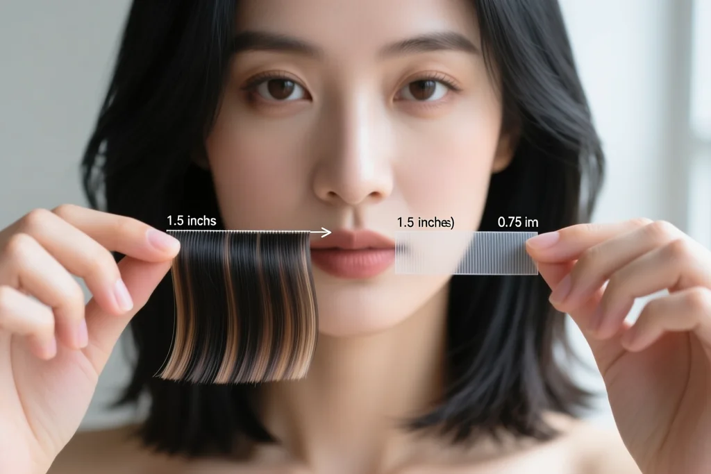 woman holding two tape-in wefts of different widths side by side showing the difference between standard
