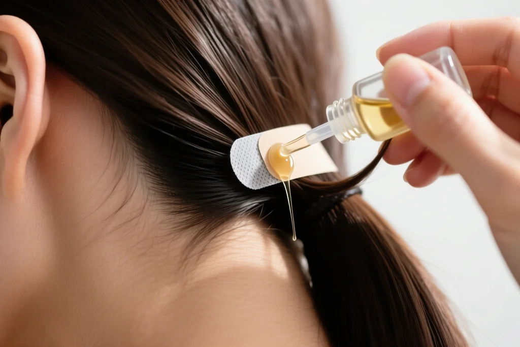 woman squeezing adhesive removal solution onto a tape-in extension bond at the nape of her neck with weft