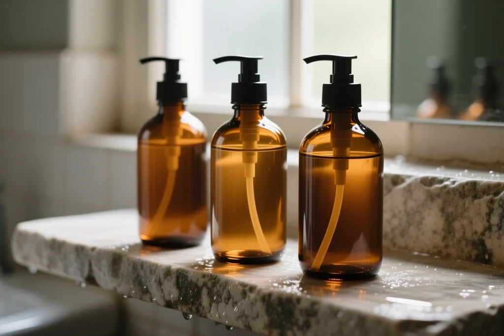 bottle of sulfate-free shampoo beside a bottle of regular shampoo for comparison with extensions laid nearby