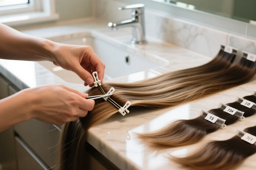 woman sectioning clean dry hair into horizontal layers with clips before applying tape-in extensions