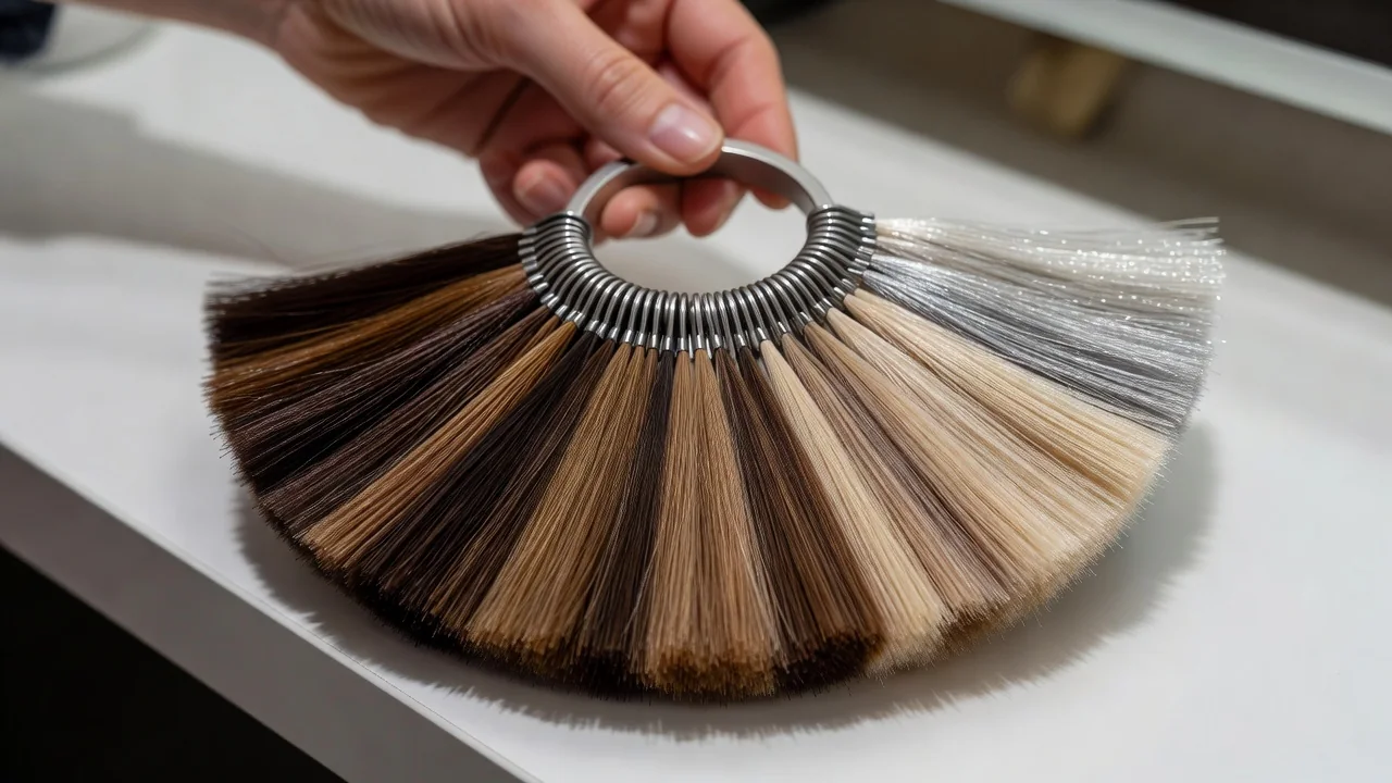 Swatches of hair extensions in shades from dark brown to platinum blonde