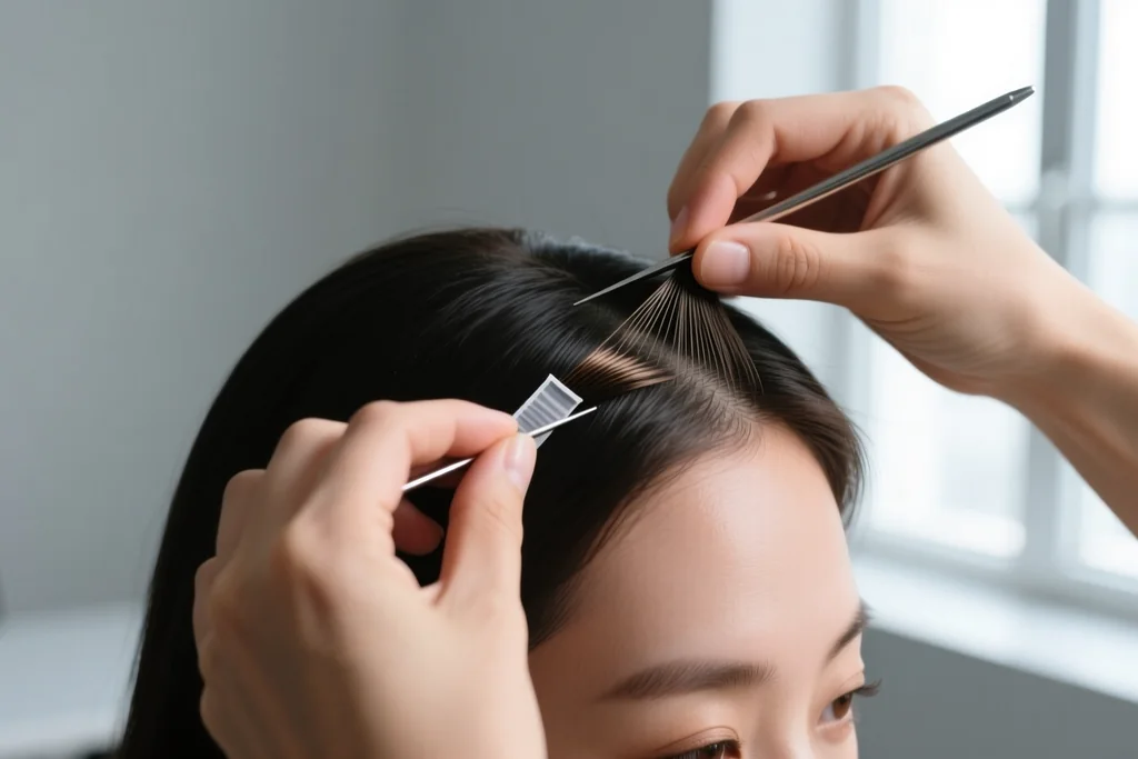 stylist placing mini tape-in wefts on fine hair at the temple area with precision
