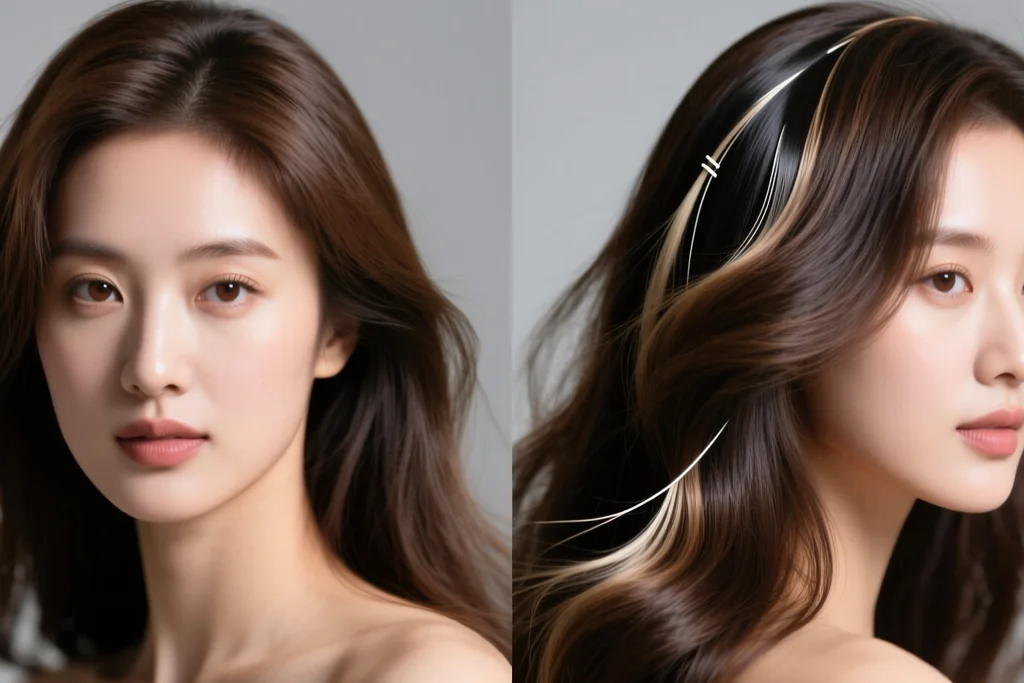woman with fine hair before and after extension application showing volume at the roots