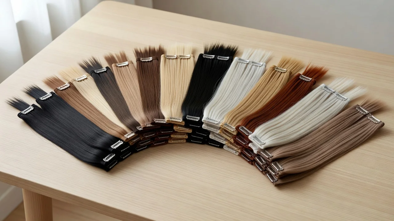 Set of clip-in hair extension wefts in different widths arranged on a table