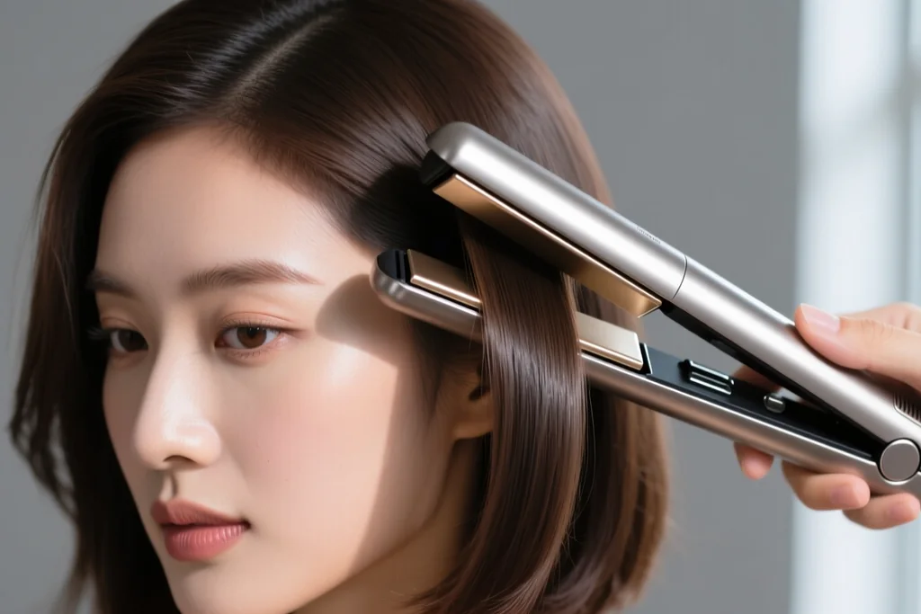 woman using a flat iron on extension hair mid-lengths while keeping the plates away