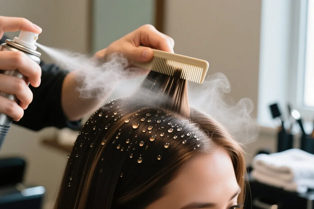close-up of a heat protectant spray being misted onto extension hair before styling