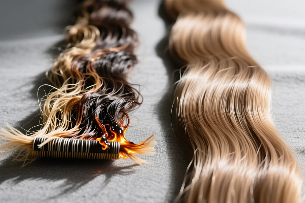 comparison of two extension wefts side by side one heat-damaged with frizzy melted ends
