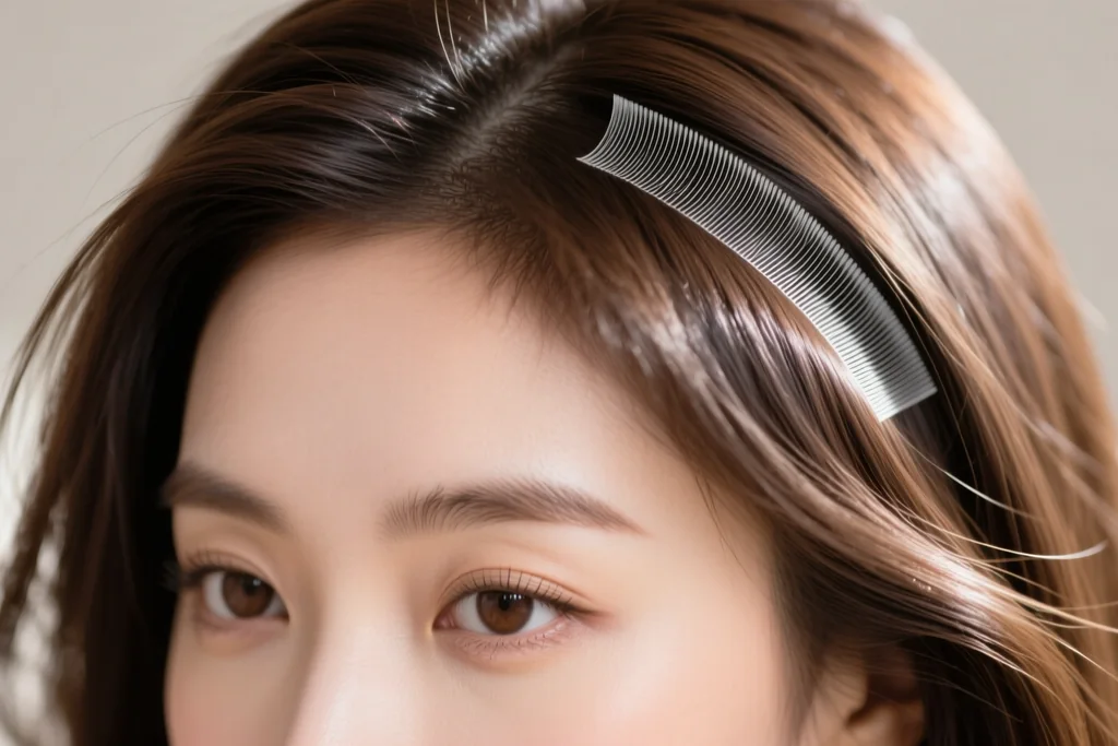 woman with fine hair before and after 20-piece tape-in application showing subtle volume