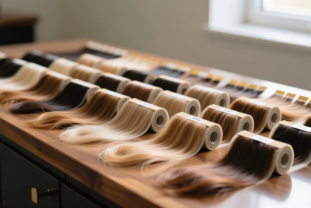 assortment of tape-in wefts arranged in rows on a counter in order of coverage level