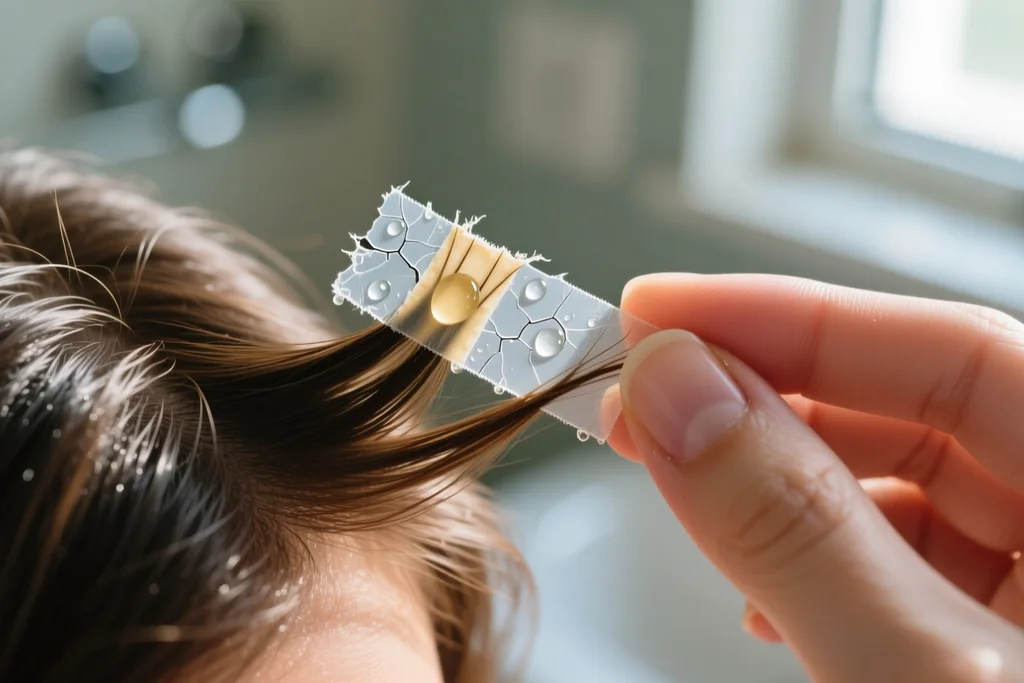 close-up of fingers gently peeling a used tape-in weft away from natural hair after solvent