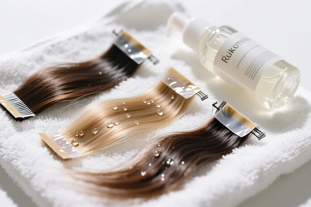 collection of removed tape-in wefts laid flat on a white towel with residual adhesive