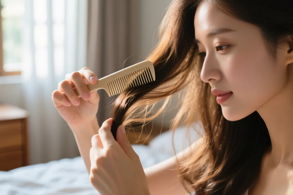 woman combing through natural hair with a wide-tooth comb after extension removal