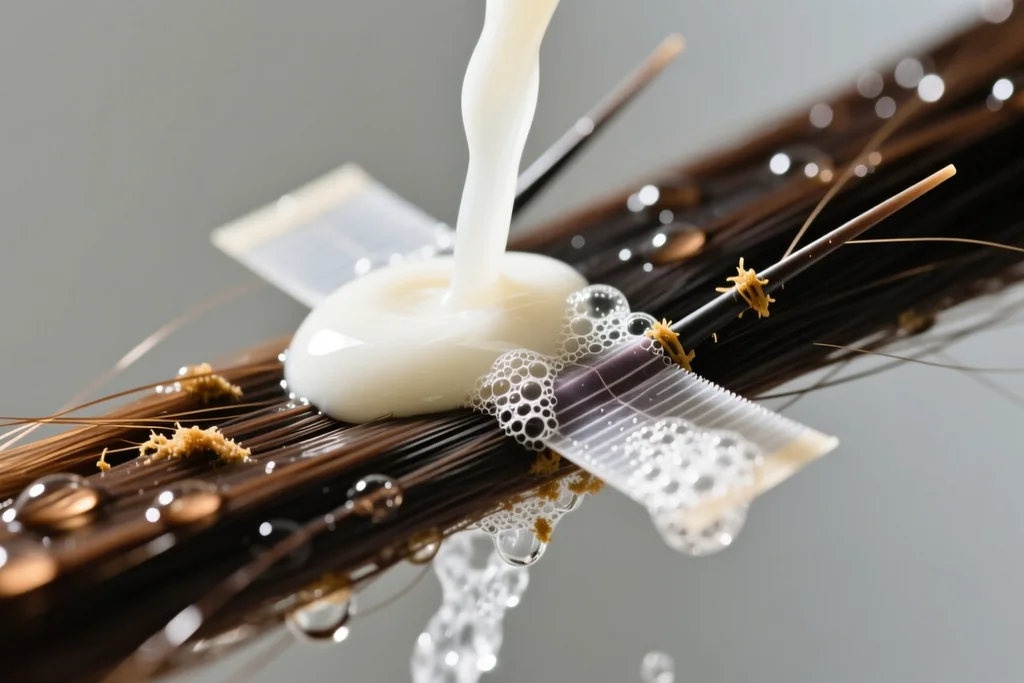close-up of tape-in extension bond being washed with foaming sulfate-free shampoo
