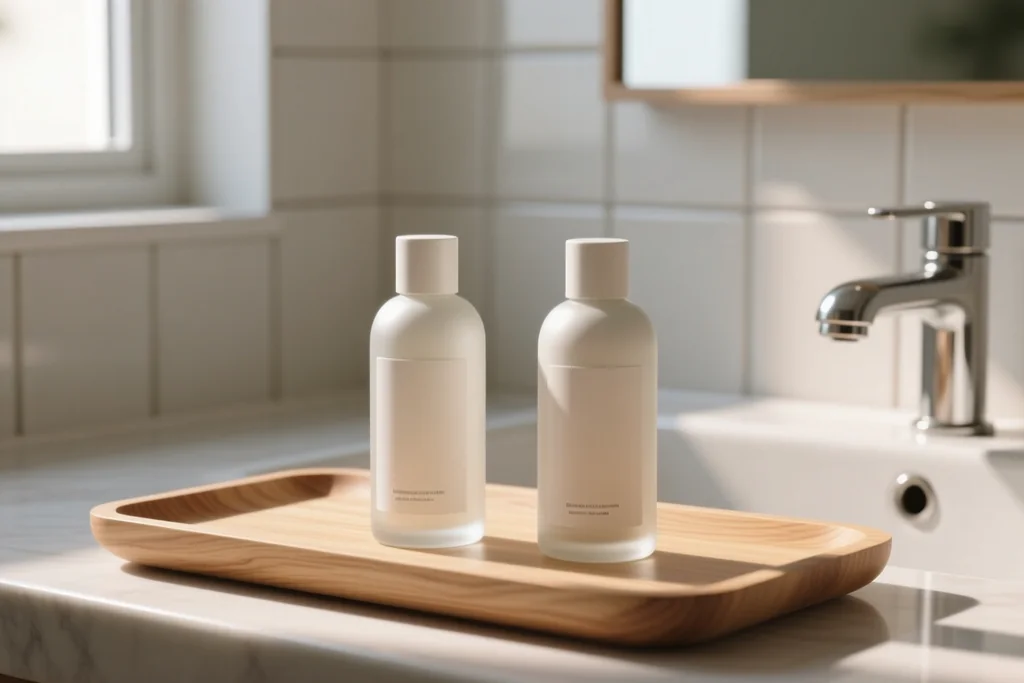 woman washing her hair in the shower with a plain sulfate-free bottle on the shelf
