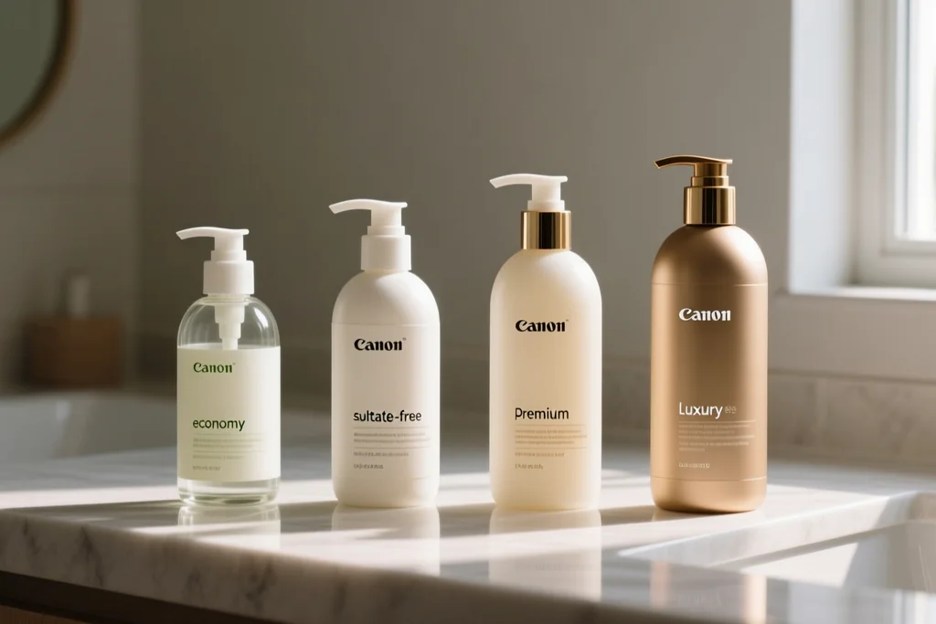 collection of four sulfate-free shampoo bottles from different price ranges arranged