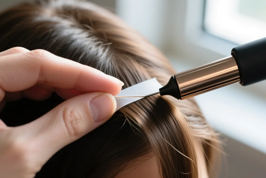 close-up of fingers pressing a tape-in weft flat against a thin section of natural hair