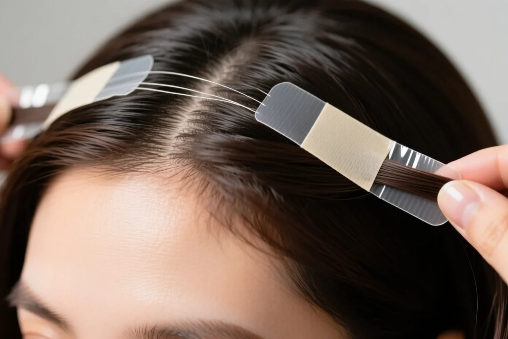 woman sandwiching natural hair between two tape-in wefts aligning edges precisely