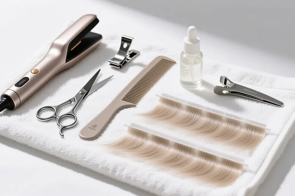 collection of application tools laid flat on a white towel including heating tool