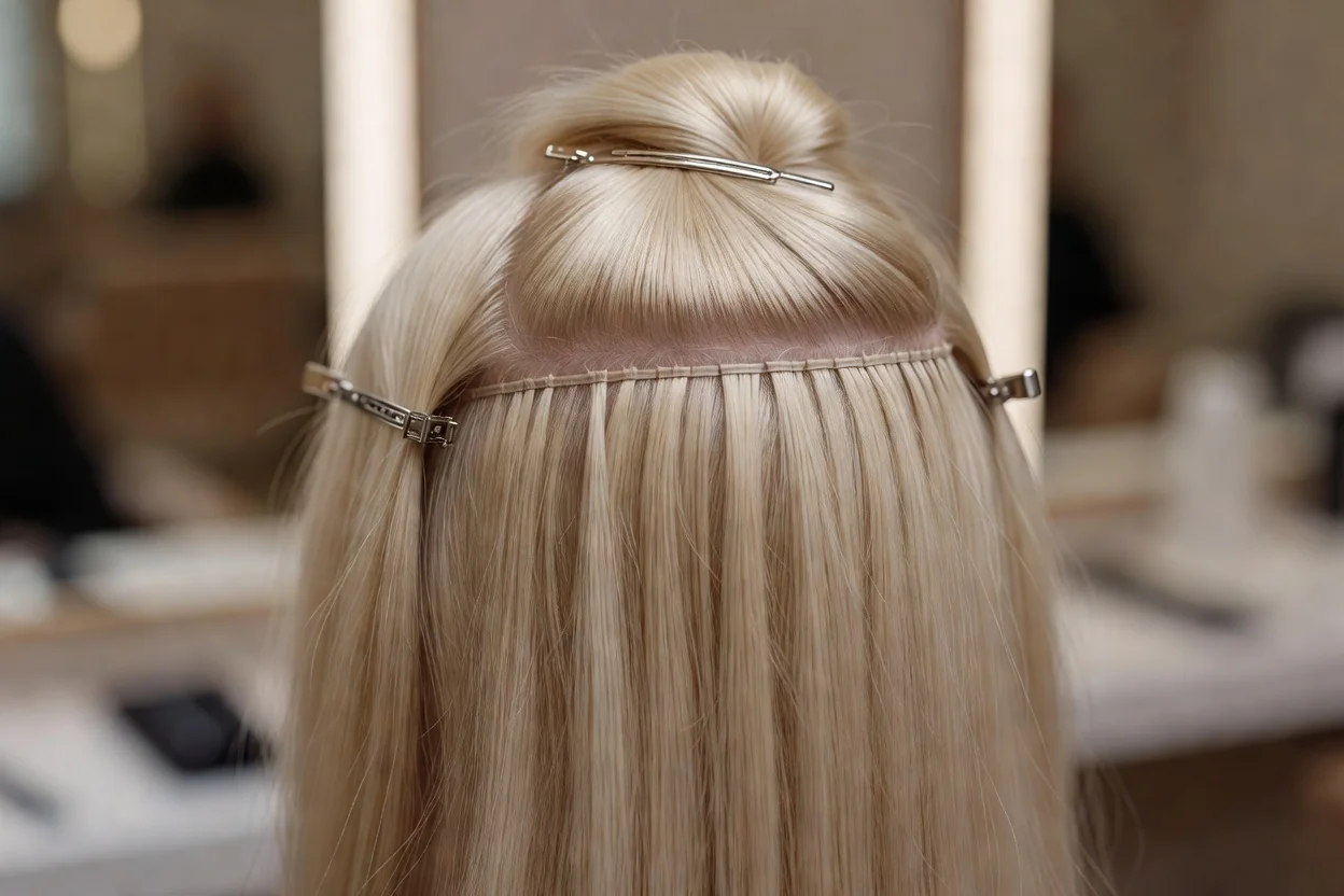 Thin hair sectioned with a fine tape weft applied close to the crown